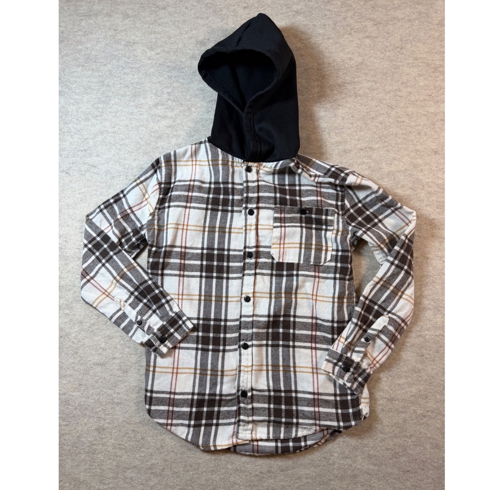 Tony Hawk Plaid Hooded Flannel Shirt Brown White Orange Size M 10/12 Y2K Grunge